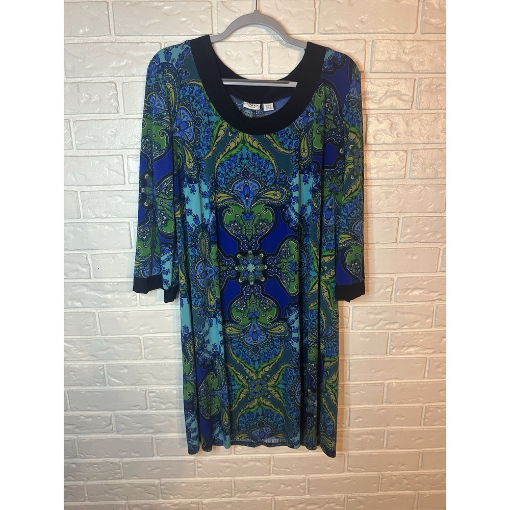 Cato Woman Paisley Medallion Print Dress 18/20W Blue Green 3/4 Sleeve Boho Chic